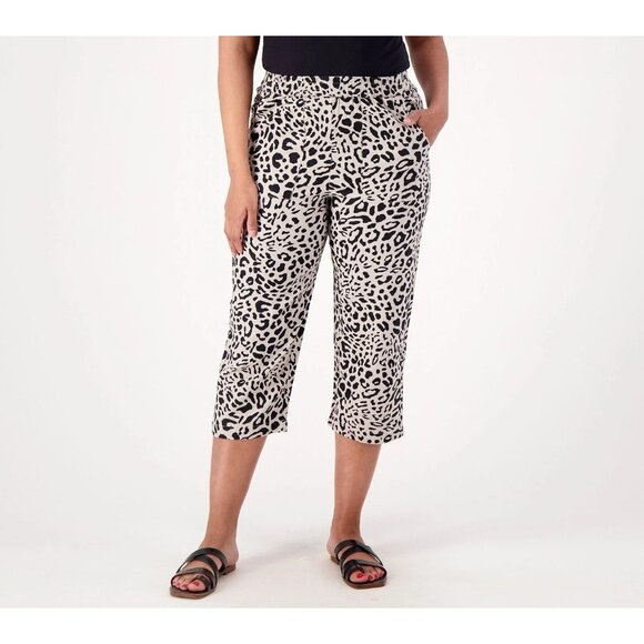 Susan Graver PURE  Linen Blend Pull-On Capri Pants Grey/Black Petite 5X A602046 - Picture 1 of 2